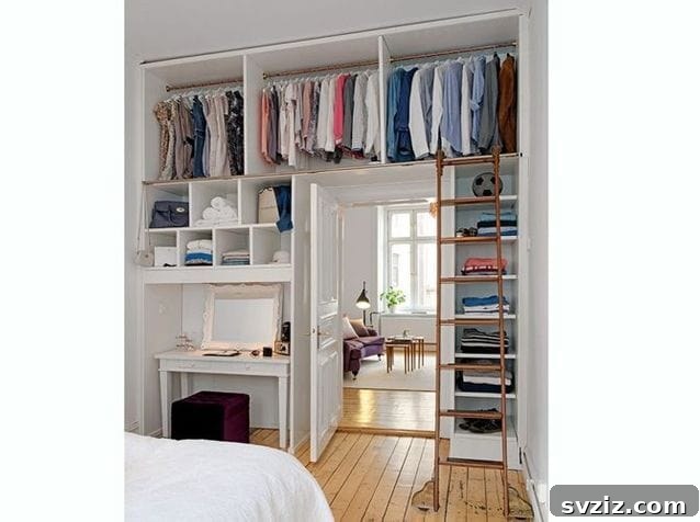 Mastering Micro Spaces: 40 Small Bedroom Organization Secrets 7 Transform wall shelving into a custom wardrobe for small spaces
