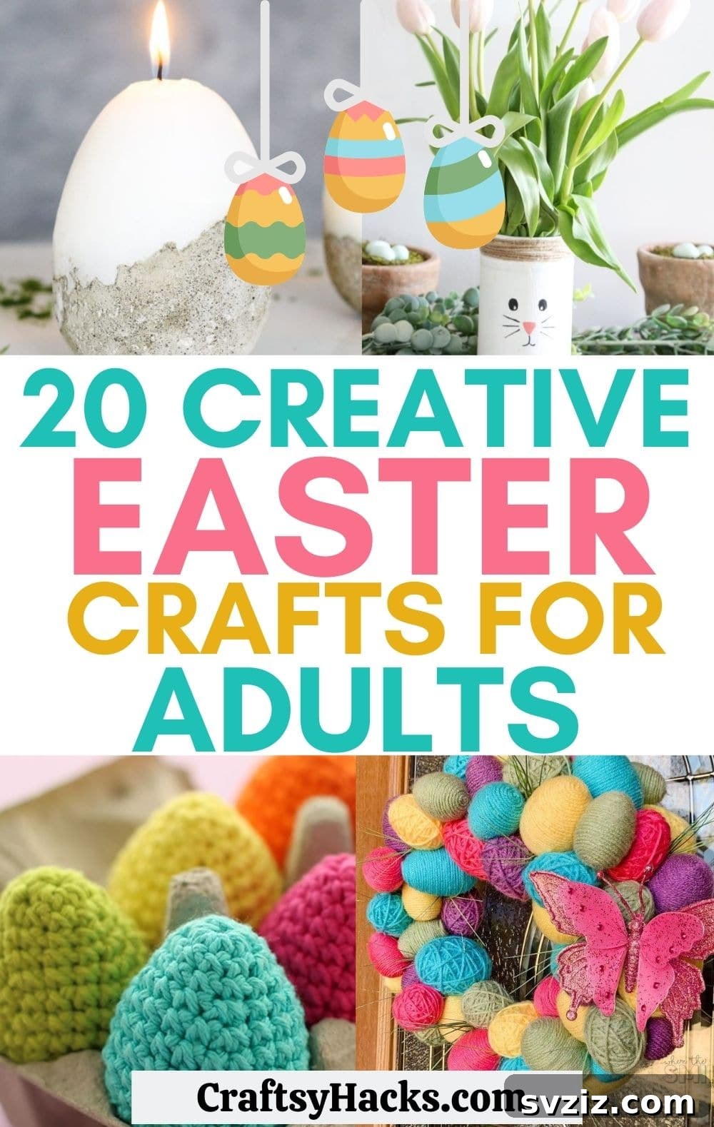 Creative Easter Projects for Adults 2 Vibrant assortment of adult Easter crafts, including a bunny vase, decorated eggs, and floral arrangements, showcasing colorful DIY ideas for home decor.