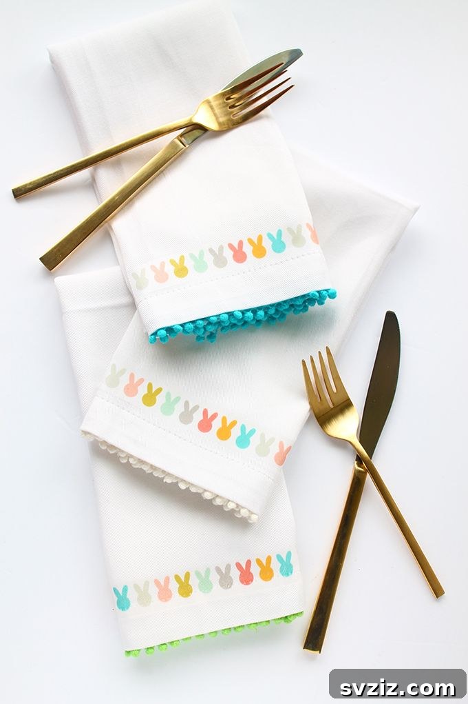 Creative Easter Projects for Adults 11 Folded Easter bunny napkins with patterned trim and cute bunny face transfers.