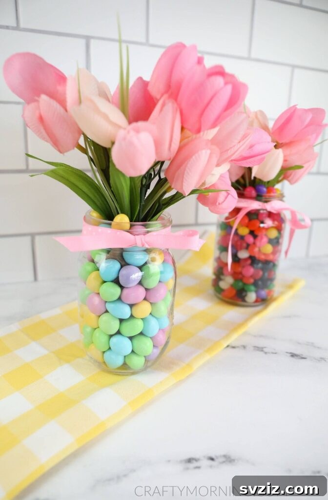 Creative Easter Projects for Adults 20 Charming Mason jar Easter centerpieces filled with pastel candy and fresh spring flowers.