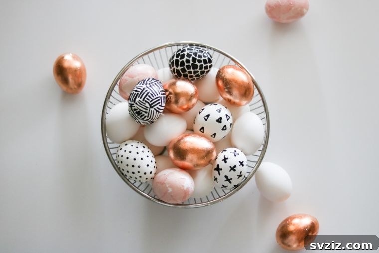 Creative Easter Projects for Adults 23 A modern and upscale Easter basket featuring eggs decorated with copper leaf and neutral tones.