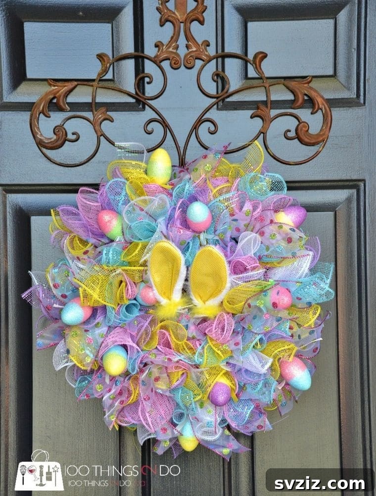 Creative Easter Projects for Adults 25 A colorful and vibrant Easter explosion wreath adorned with eggs, ribbon, and bunny ears.