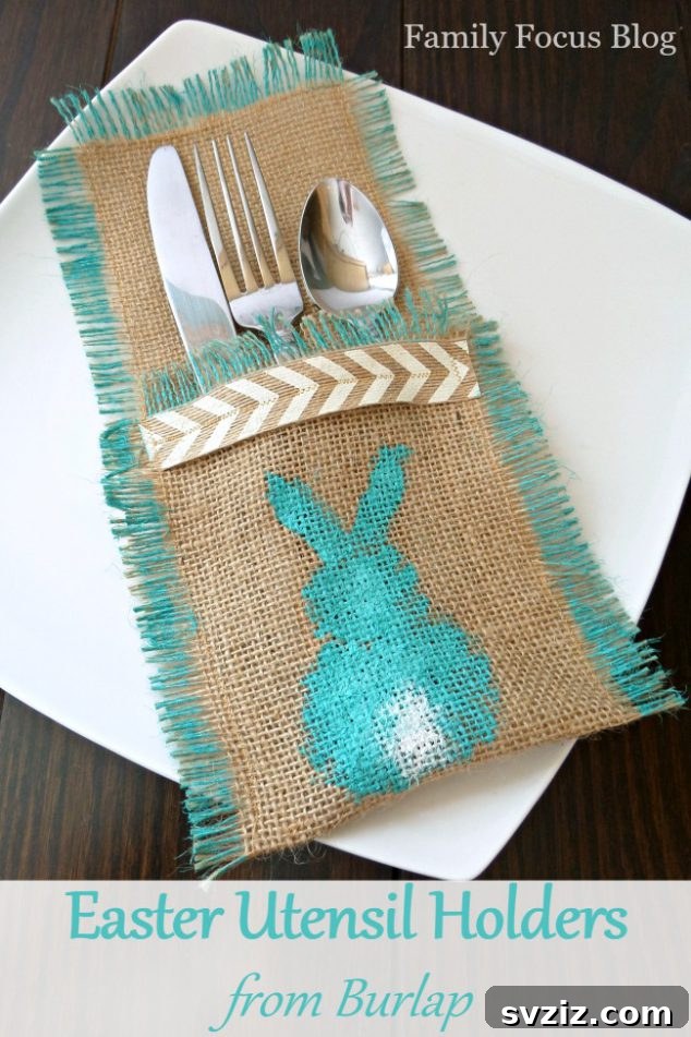 Creative Easter Projects for Adults 5 Burlap utensil holders adorned with flowers and a small chick, perfect for an Easter table setting.