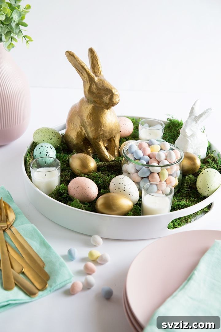 Festive Easter Centerpiece Inspiration 19 Centerpiece tray with gold bunny