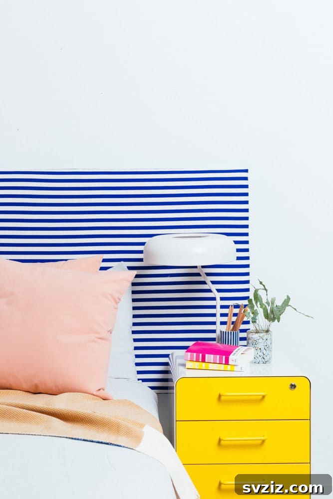 Chic Pinstripe Floating Headboard IKEA Hack using Ryggestand Tabletop
