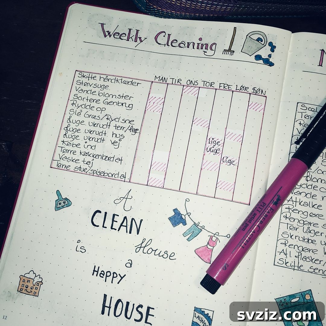 A weekly cleaning schedule bullet journal spread featuring a table for chores and small, charming cleaning-themed illustrations.