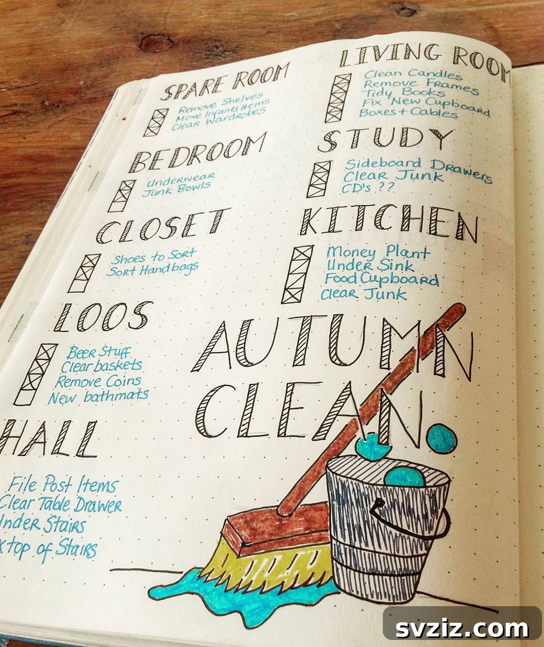 A bullet journal spread organizing cleaning tasks by room, providing a systematic approach to home maintenance.