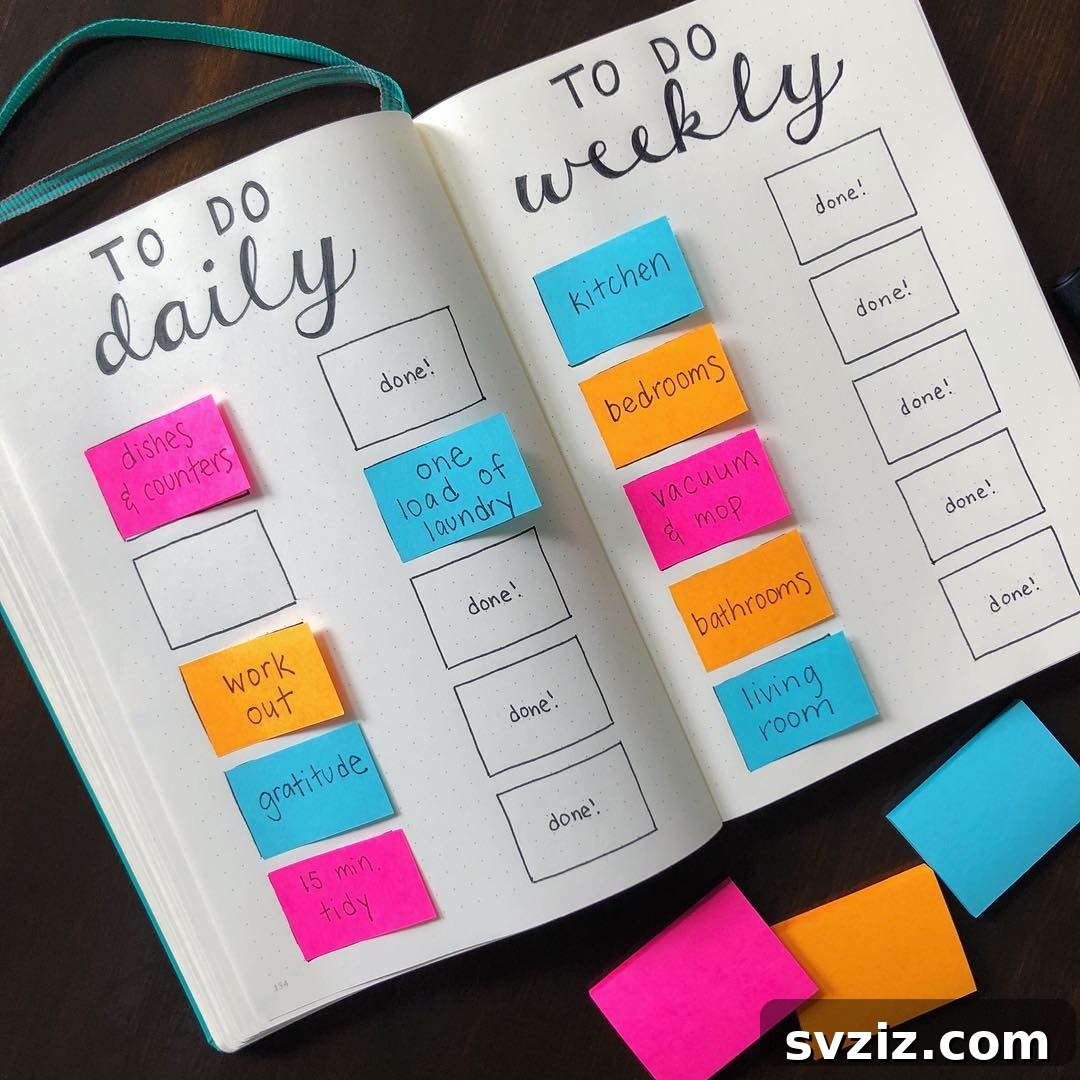 An interactive bullet journal to-do list with a 'done' column, using sticky notes for tasks that can be moved upon completion.