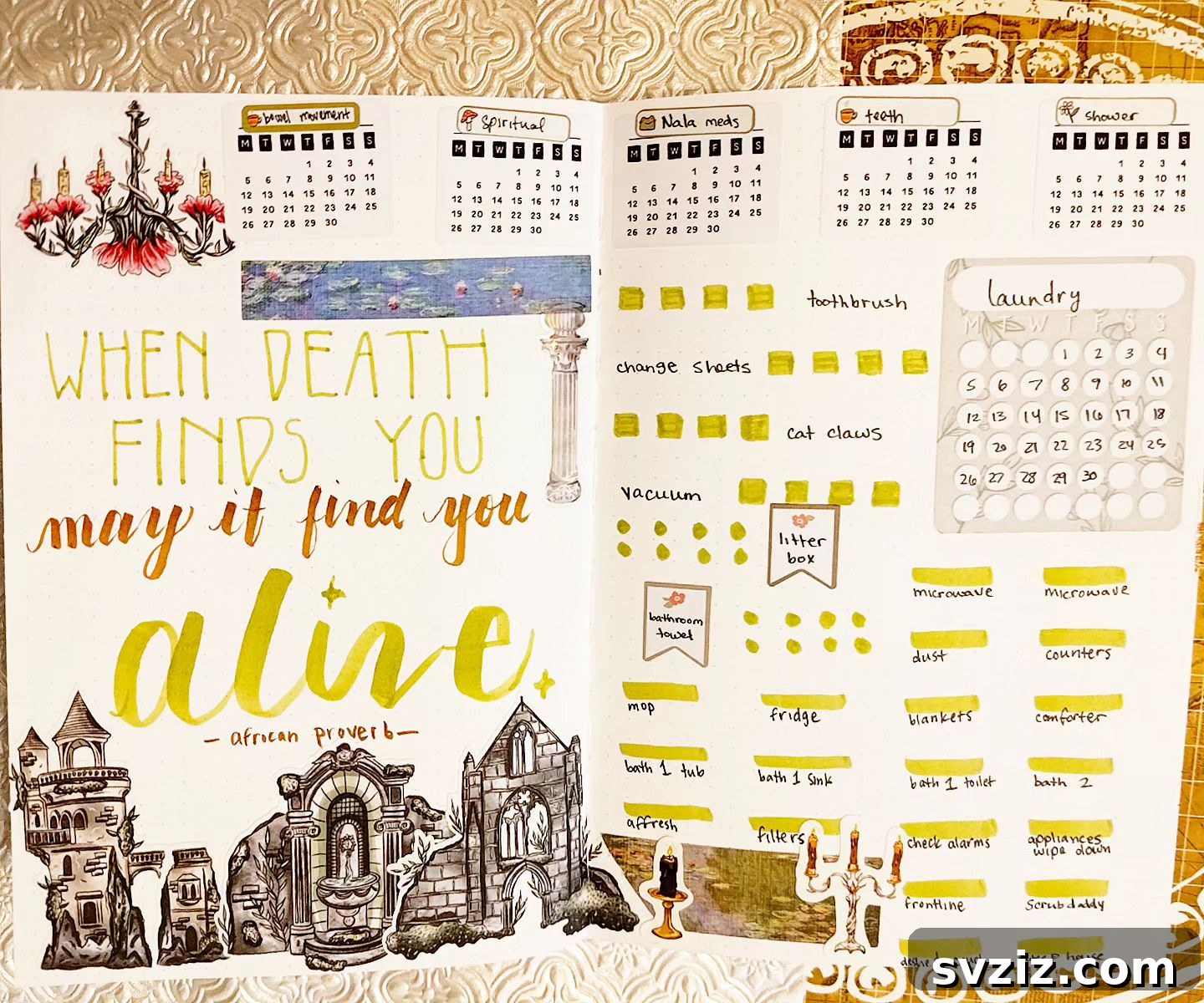 A cleaning schedule layout in a bullet journal that combines a simple template with charming, playful illustrations related to cleaning.