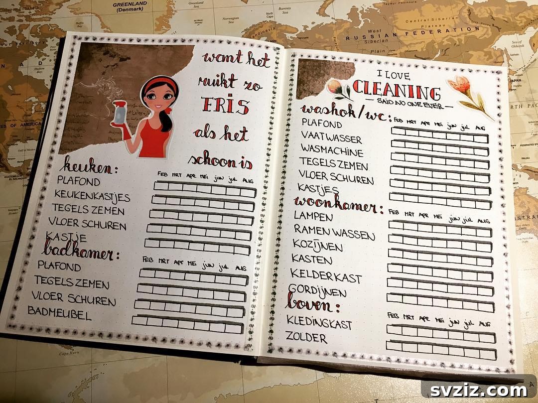 An artistic bullet journal cleaning spread that is visually rich, with weekly tasks for each room presented beautifully.