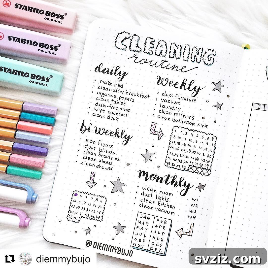 A bullet journal spread showcasing creative use of fonts to organize cleaning tasks, making the list visually engaging and thematic.