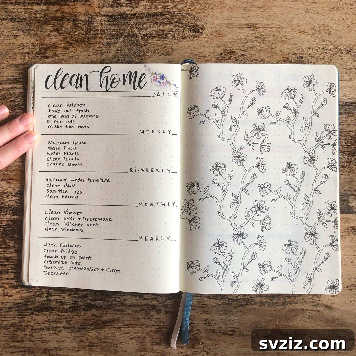 A bullet journal spread titled 'Clean Home' with categories for daily, weekly, and bi-weekly tasks. It features check boxes for completion.