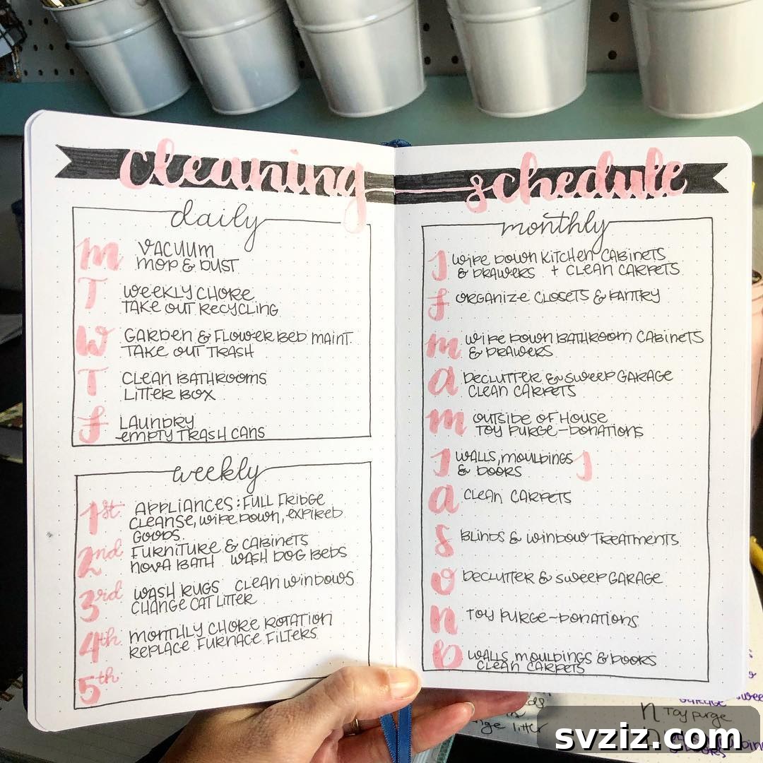 A cute and relatively simple pink-themed bullet journal cleaning spread, combining basic design with charming elements.
