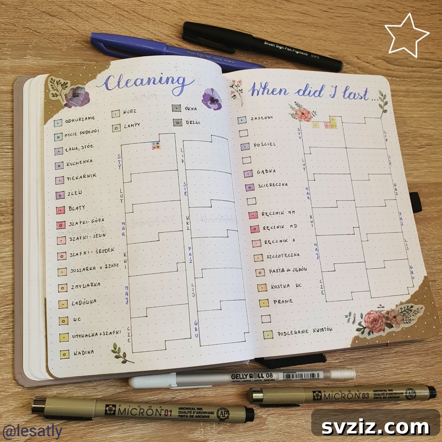 A simple monthly bullet journal cleaning spread with a black pen, listing tasks by week and offering checkboxes for completion.