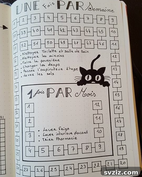 A charming cat-themed bullet journal cleaning schedule spanning a year, with weekly and monthly tasks and boxes to color in upon completion.