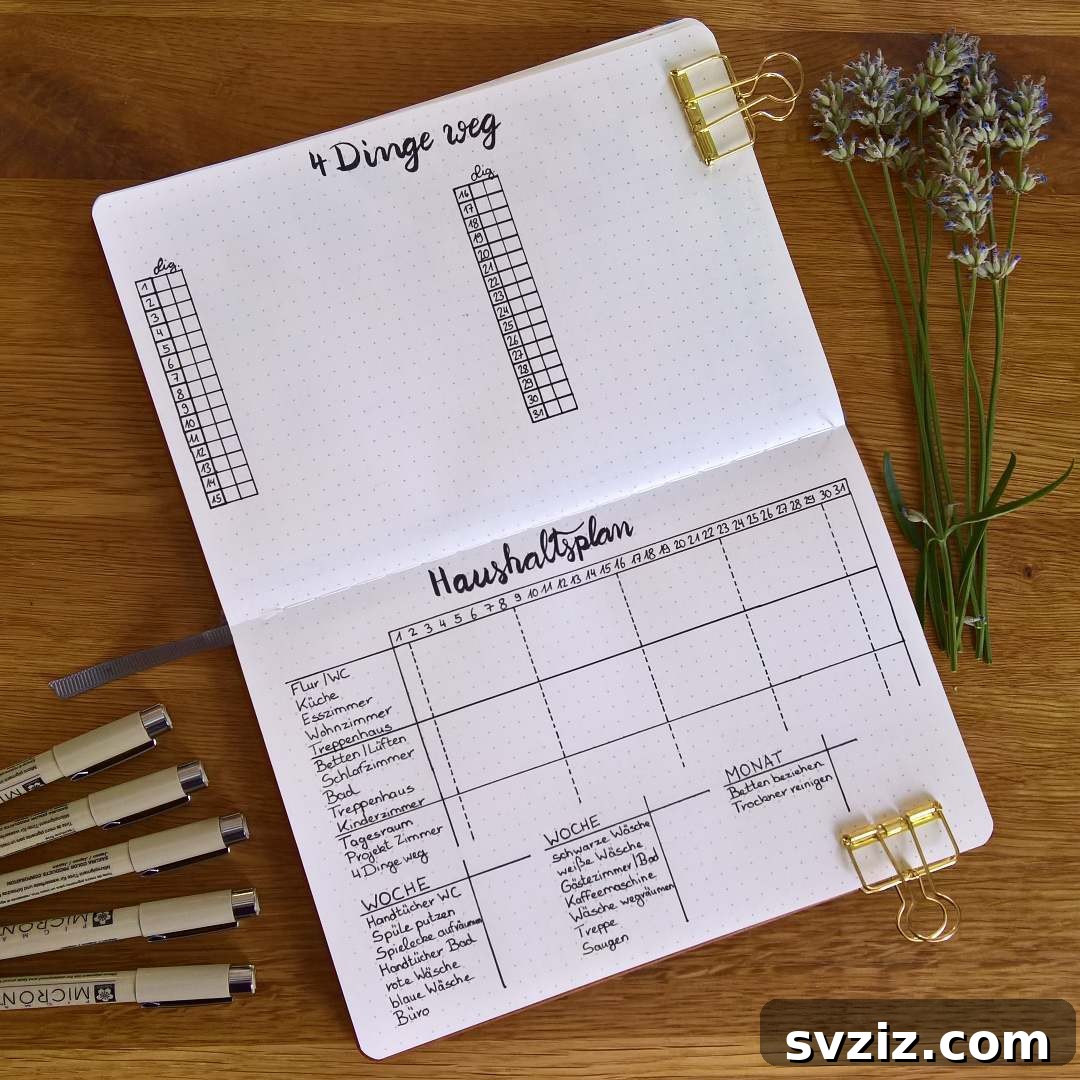 A black and white minimalist bullet journal cleaning spread, focusing on daily tasks with a simple calendar grid for tracking.