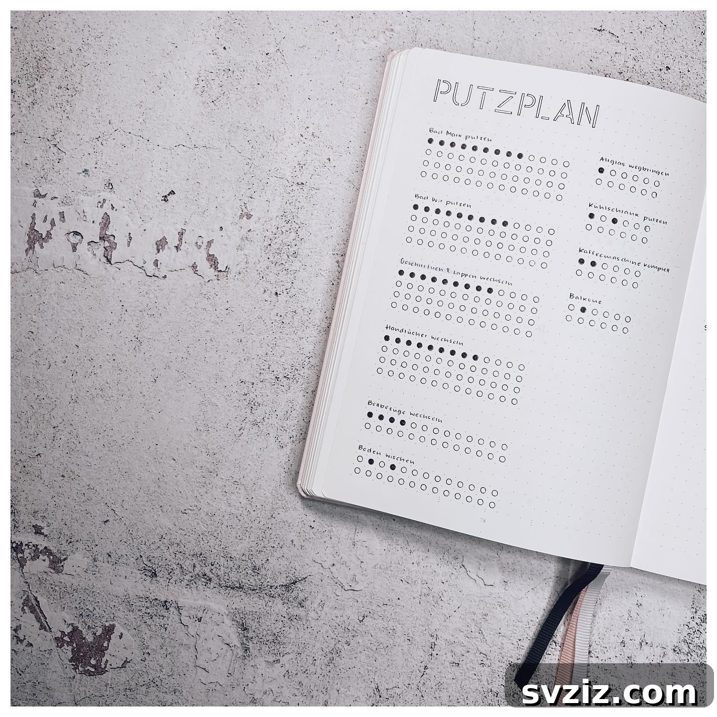 A bullet journal spread titled 'Cleaning Routines' with different sections for daily, weekly, monthly, and seasonal tasks.