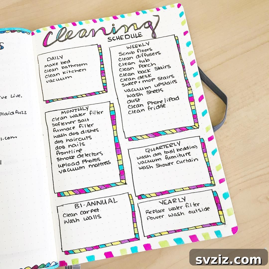 A brightly colored bullet journal cleaning schedule with tasks categorized by frequency (weekly, monthly, daily, yearly) using different colored frames.