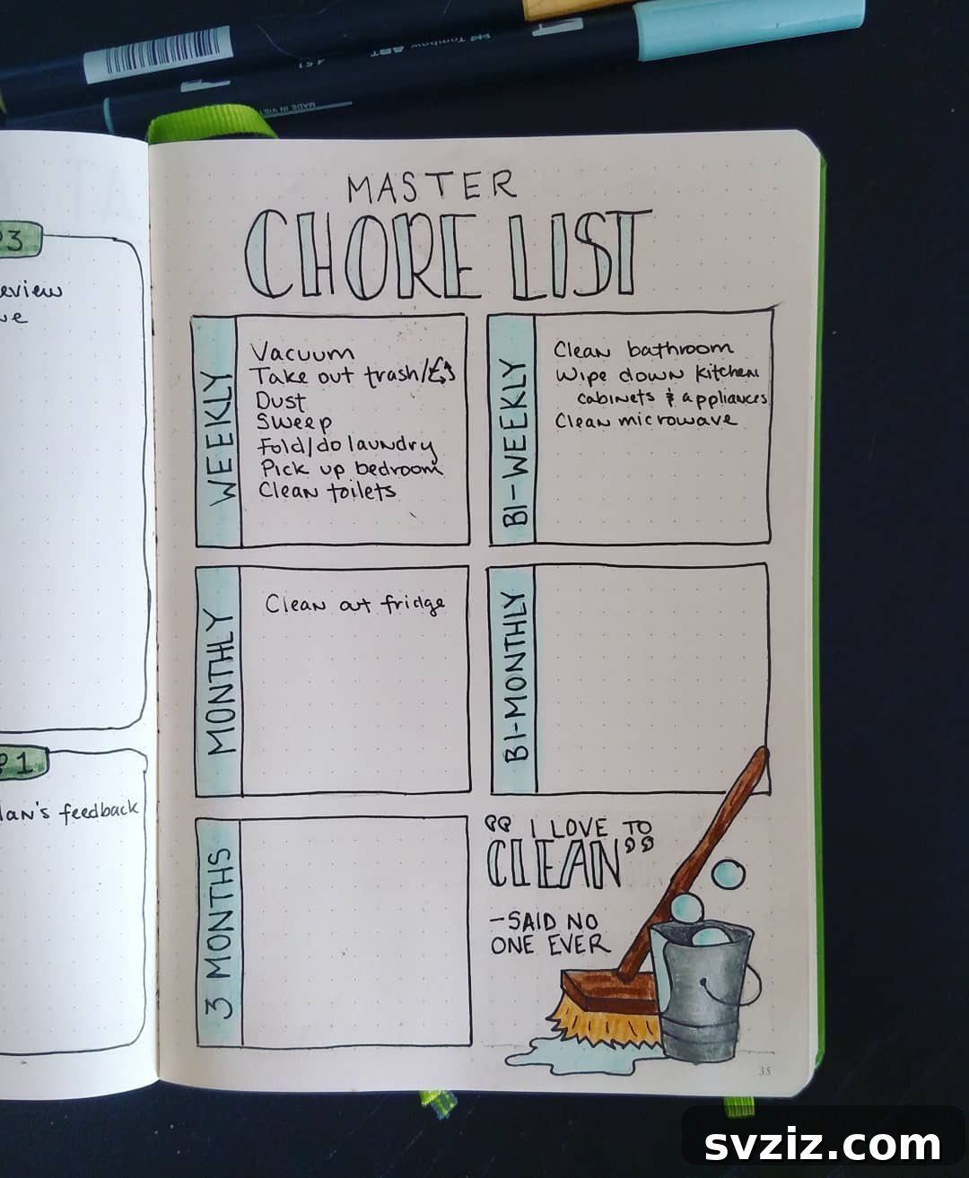 A bullet journal spread featuring a humorous quote about cleaning along with categorized cleaning tasks for different rooms.