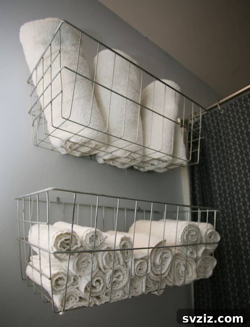 Simple Wire Basket Shelves for adaptable towel storage