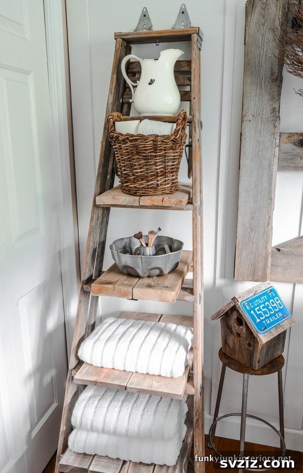 Reclaimed Wooden Ladder for rustic towel display