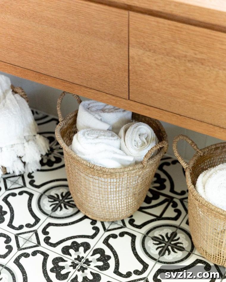 Storage Baskets under floating sink for practical organization
