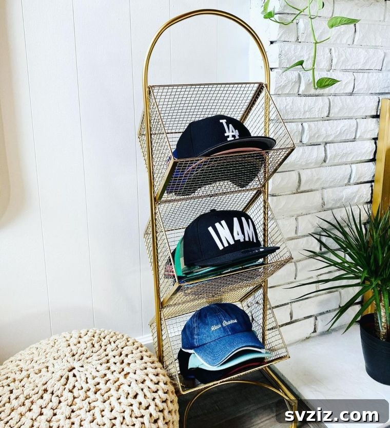 Snapback Stacking Tower for cap organization, a gold-painted vertical shelf.