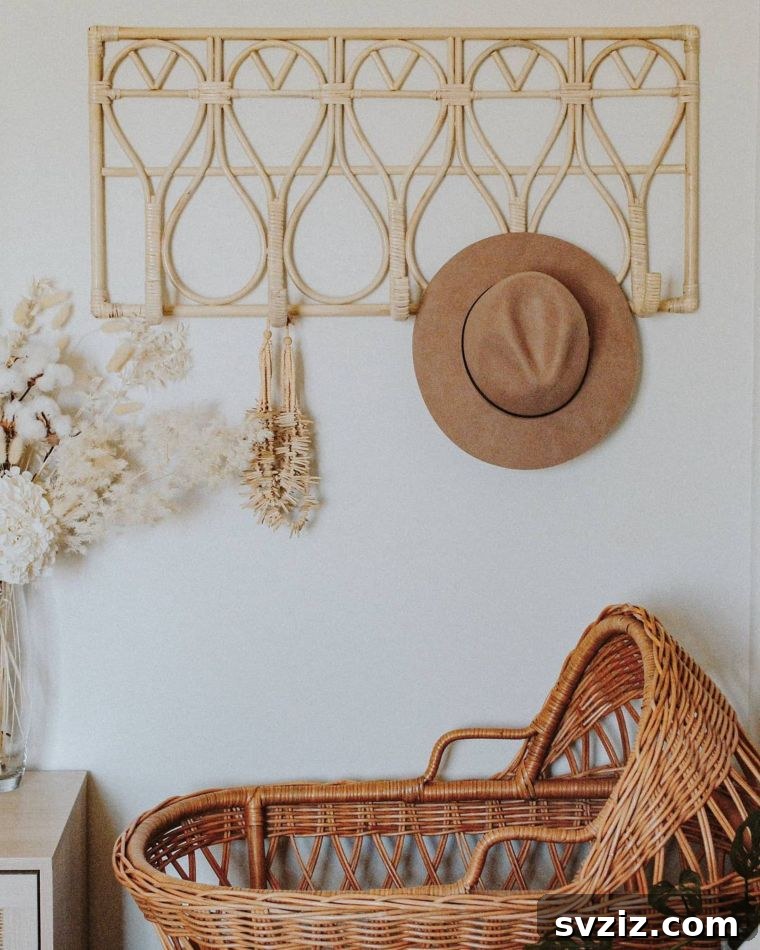 Rattan Hat Rack styled with dried flowers, adding a bohemian touch to home decor.