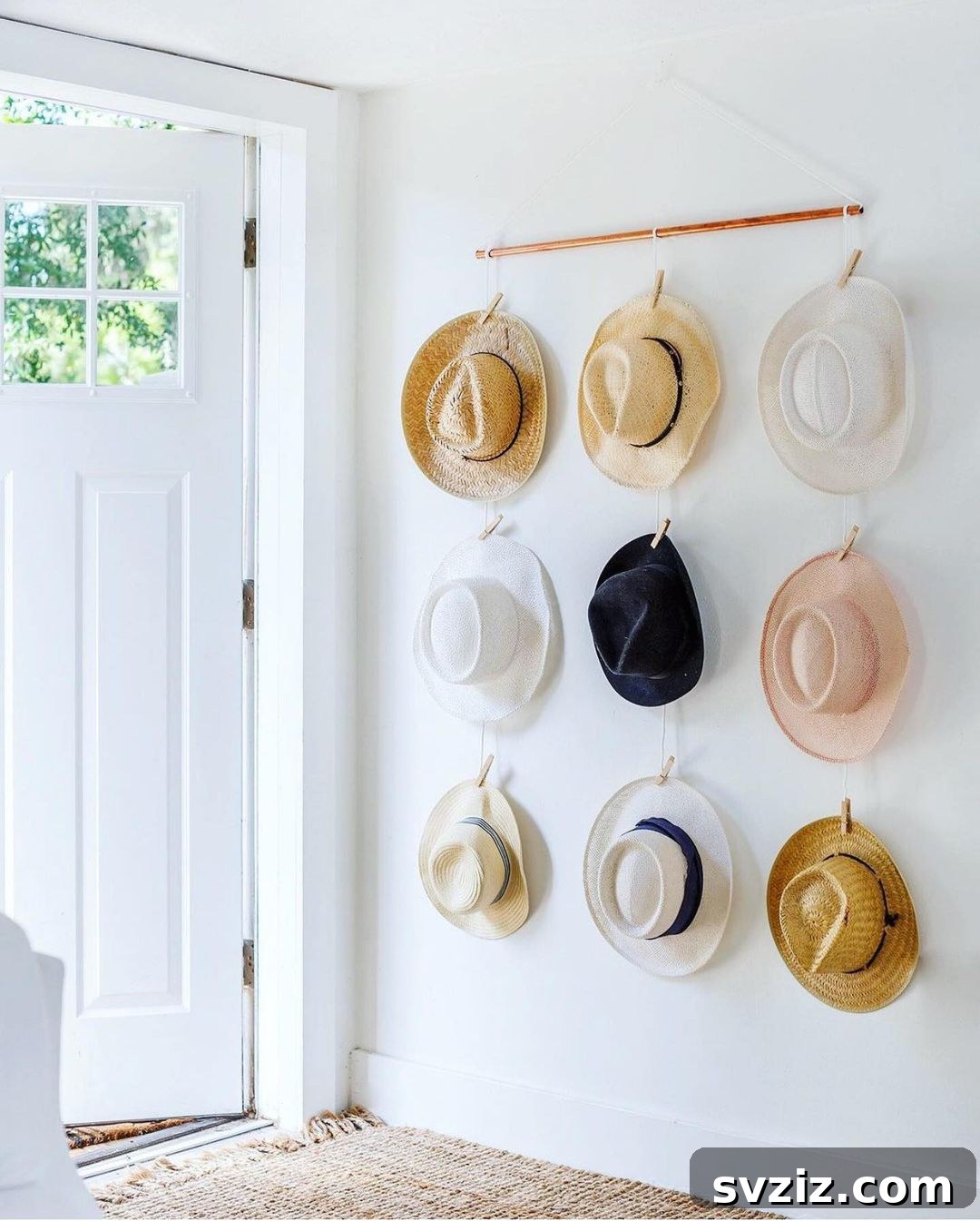 Wide-Set Hat Wall, a spacious hat display using bamboo and macrame rope.
