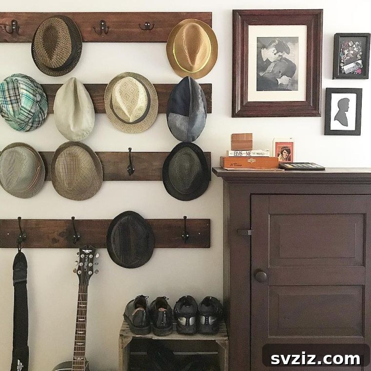 Rustic Pallet Wall Rack for hat storage, dark stained wood with black hooks