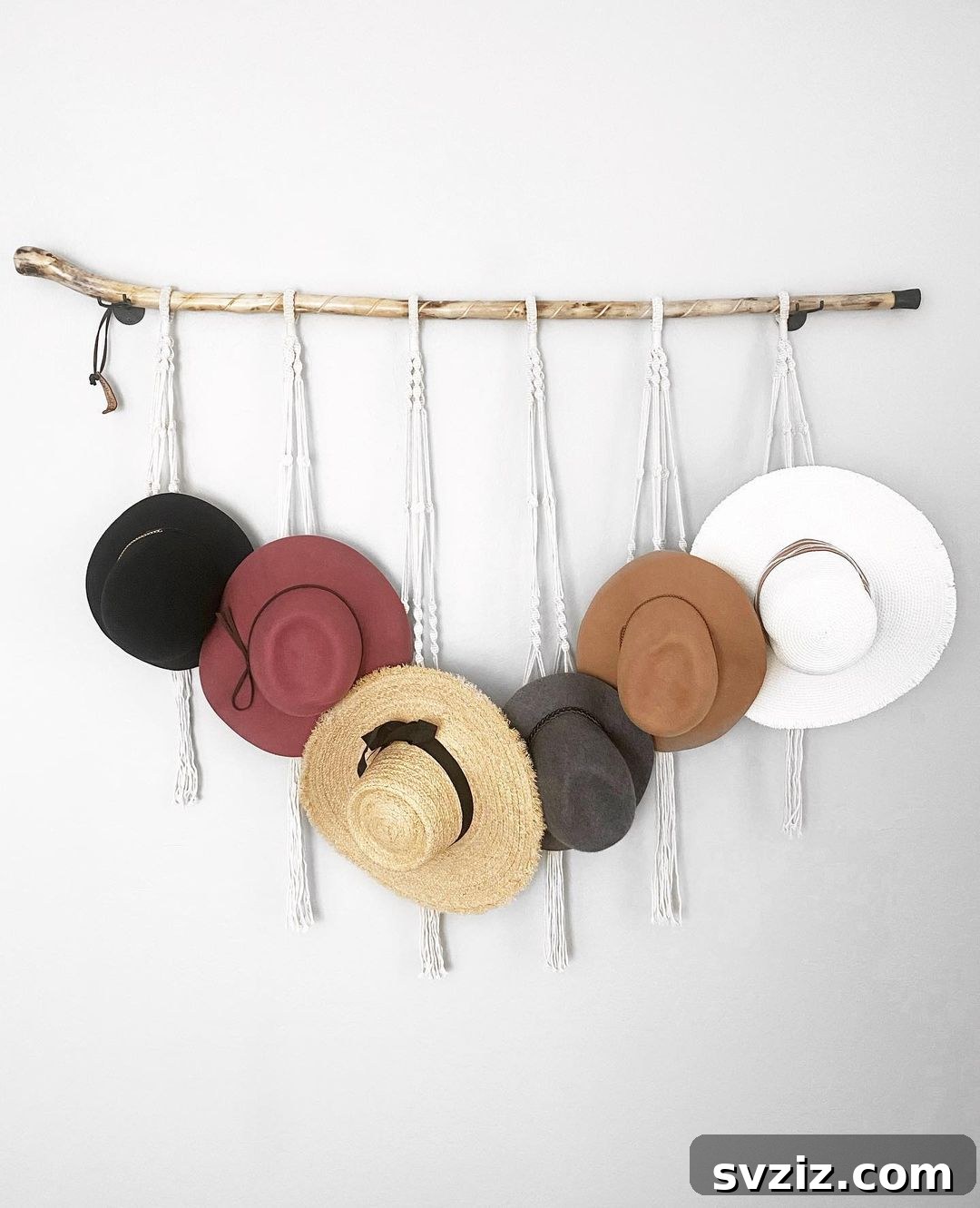 Macrame Branch Rack, a bohemian storage solution with intricate macrame knots.