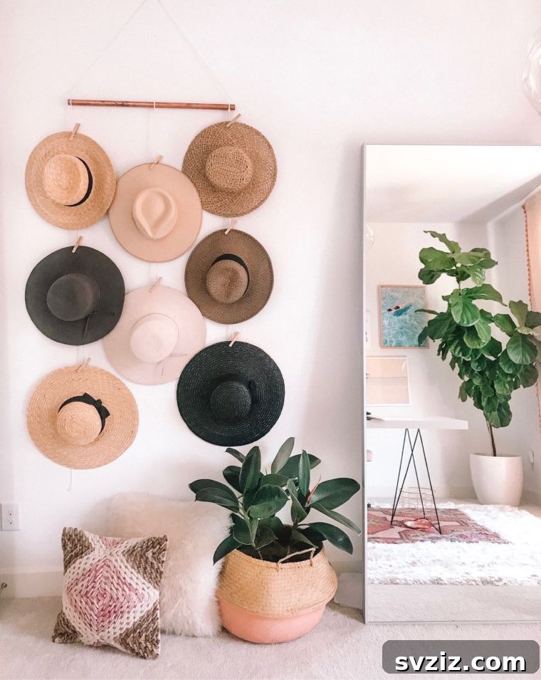 Budget-Friendly Hat Wall with macrame rope and wooden clothes pegs