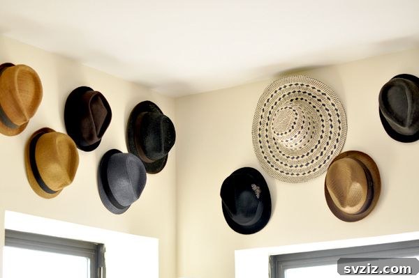 High-Up Hat Hangers above windows, utilizing vertical space for hat storage