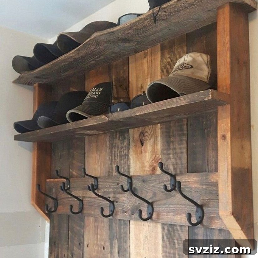 Wooden Pallet Hat Shelf for rustic home decor, a simple DIY project with black hooks.
