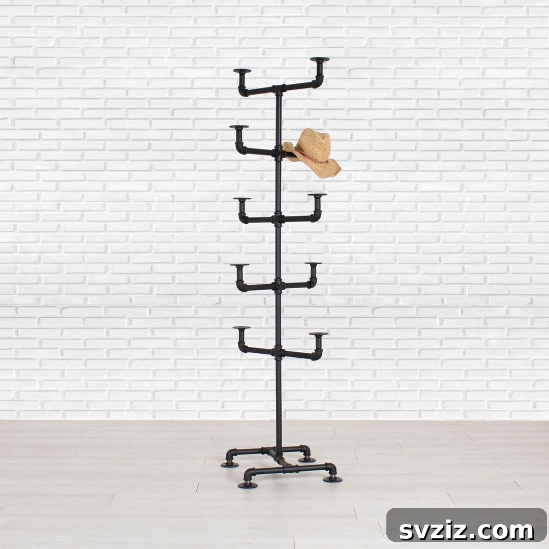 Industrial-Inspired Pipe Hat Rack, freestanding and bold in design.
