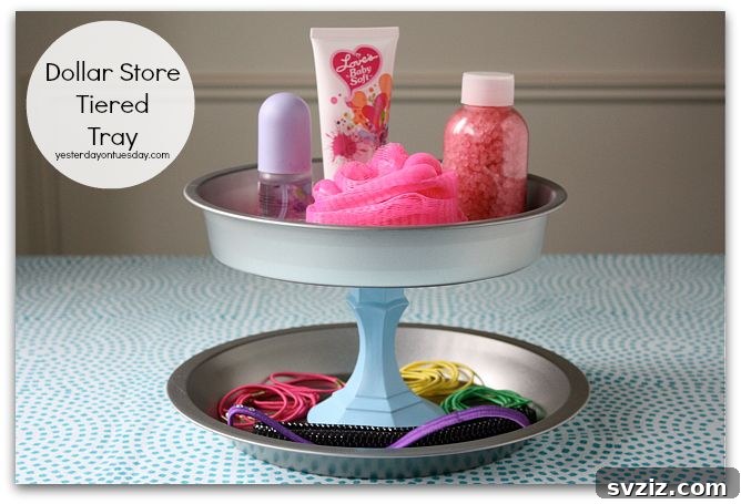 Dollar Store tiered tray for kids' bathroom organization