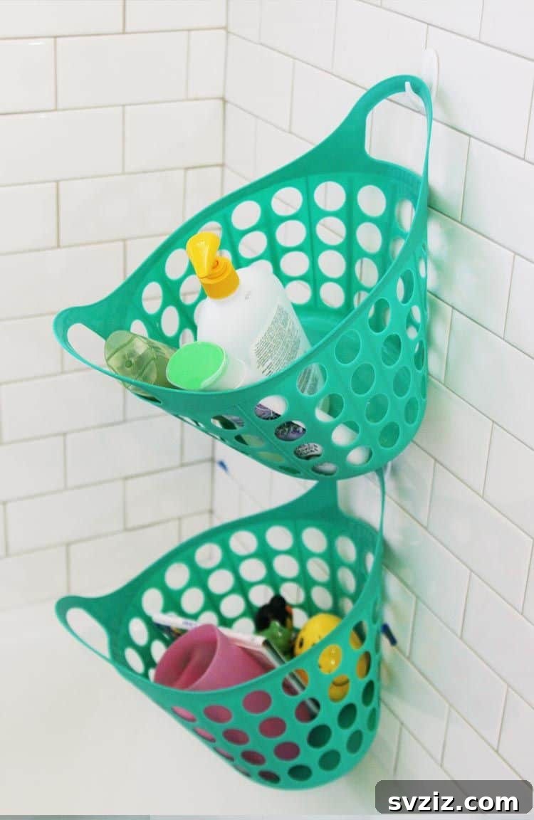 Budget-friendly shower caddy with dollar store baskets and command hooks