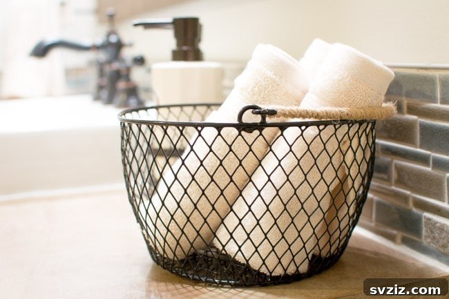 DIY industrial style wire basket for towel storage