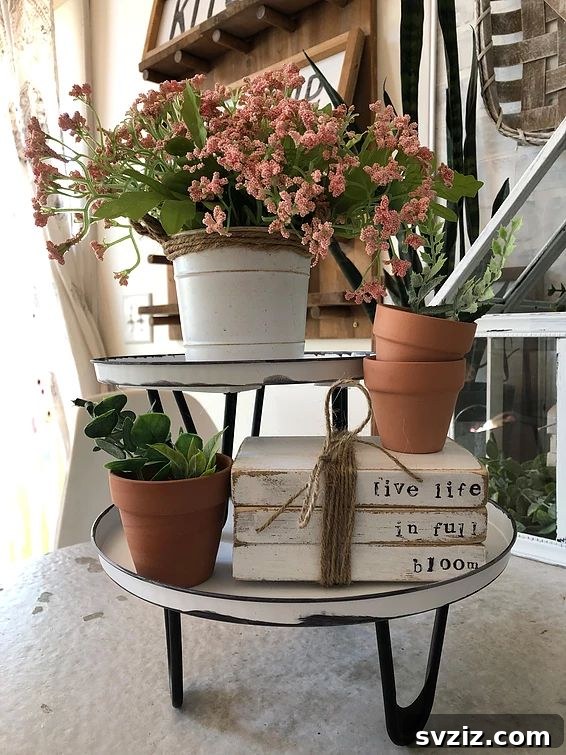 DIY farmhouse tiered tray from dollar store items
