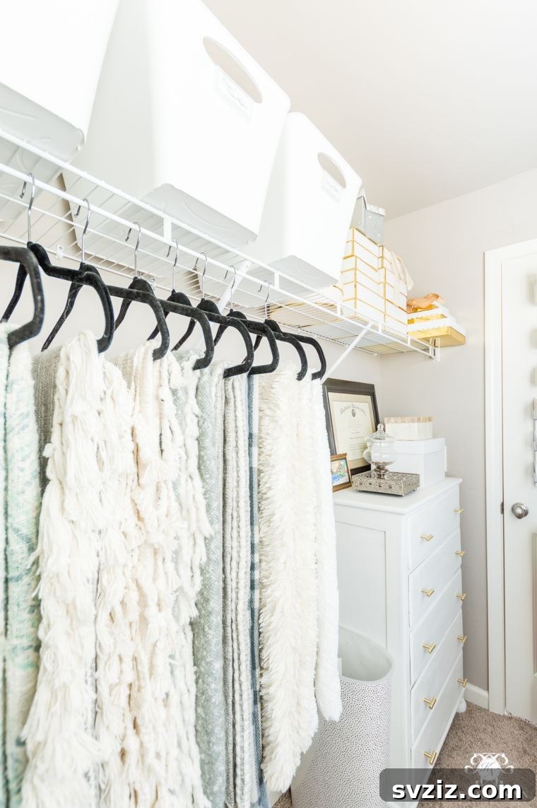 23 Clever Blanket Storage Solutions 13 Organized Throw Blanket Closet with Velvet Hangers