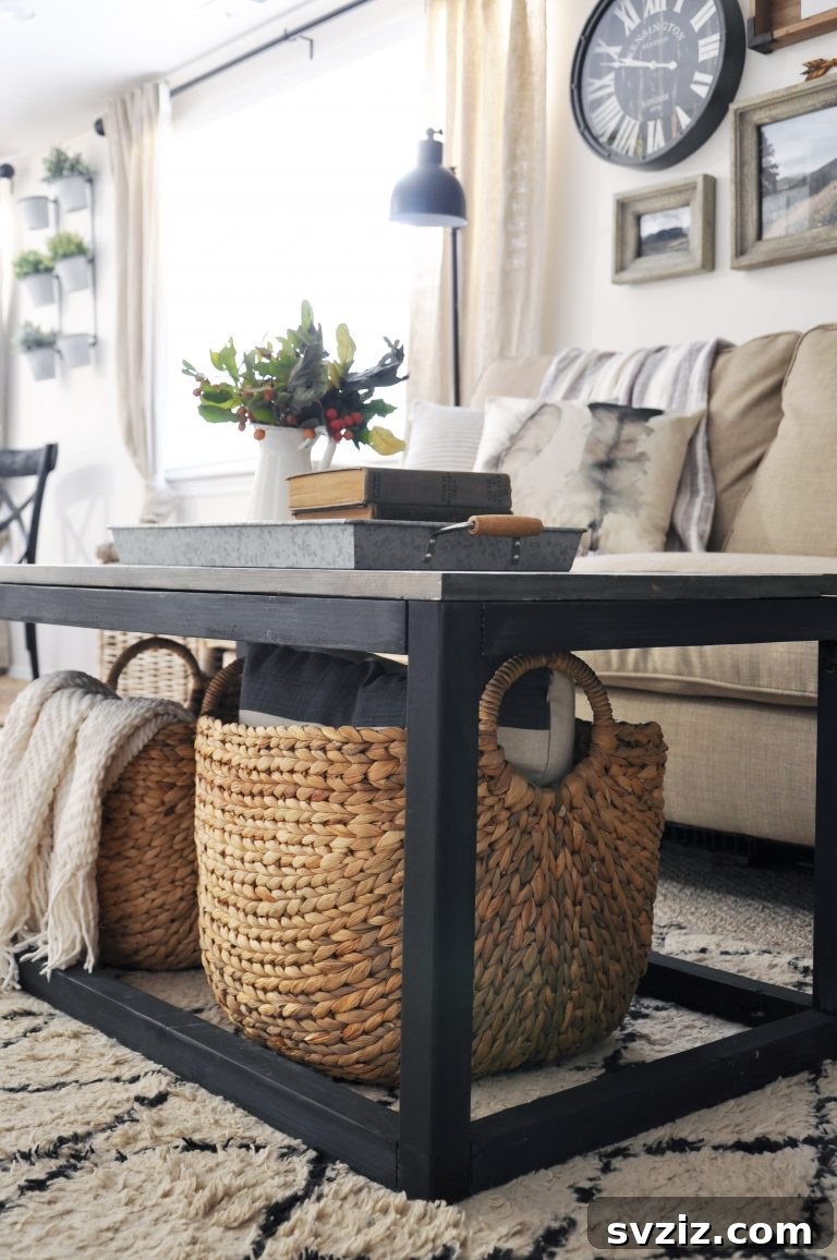 23 Clever Blanket Storage Solutions 14 Industrial Farmhouse Coffee Table with Underneath Storage Baskets