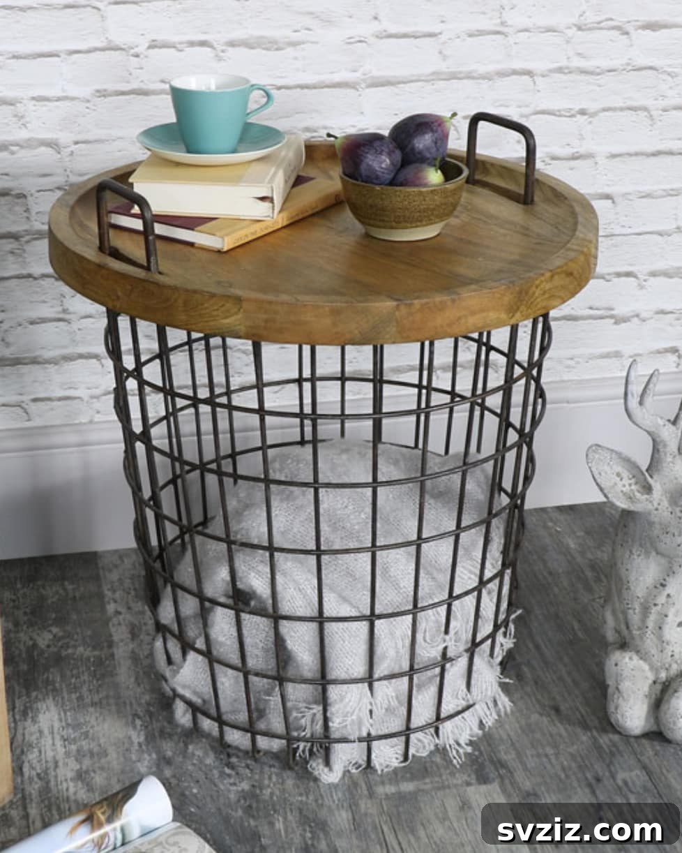 23 Clever Blanket Storage Solutions 22 Industrial Basket Side Table with Handles and Wooden Top