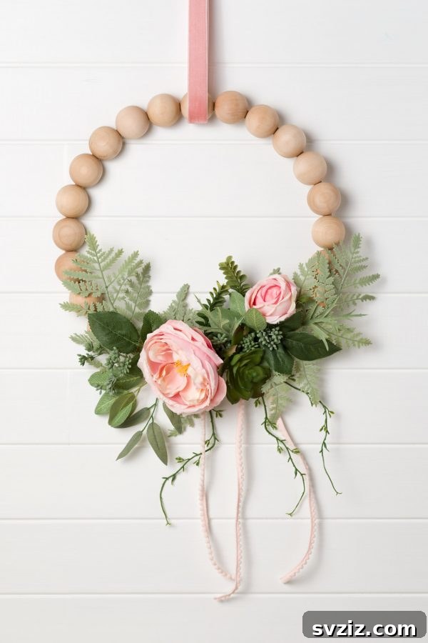 Year-Round Wooden Bead Wreath with Silk Flowers