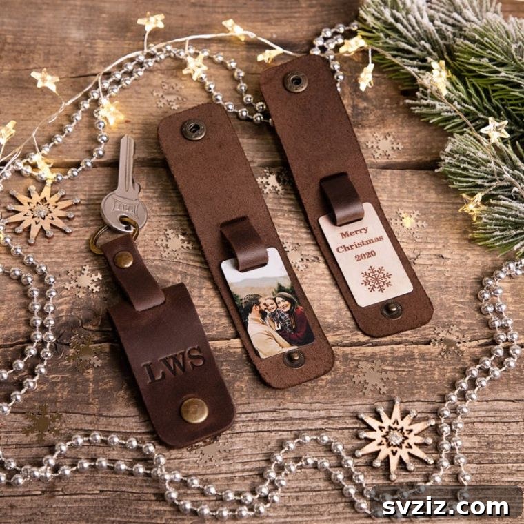 41 Creative Anniversary Ideas He'll Love 17 Monogrammed leather photo keychain, personalized anniversary gift for him, sentimental accessory