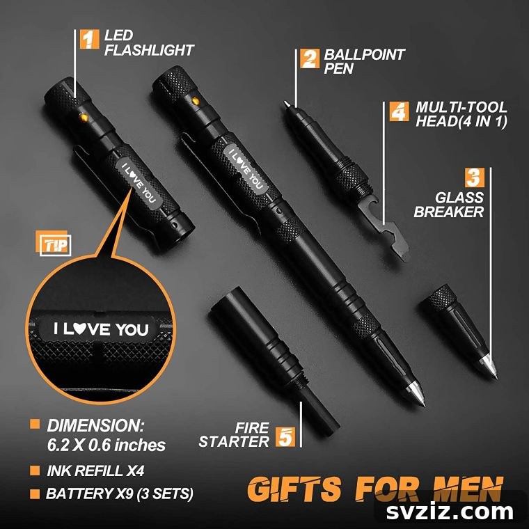 41 Creative Anniversary Ideas He'll Love 22 Engraved tactical pen, multifunctional survival tool for men, practical anniversary gift