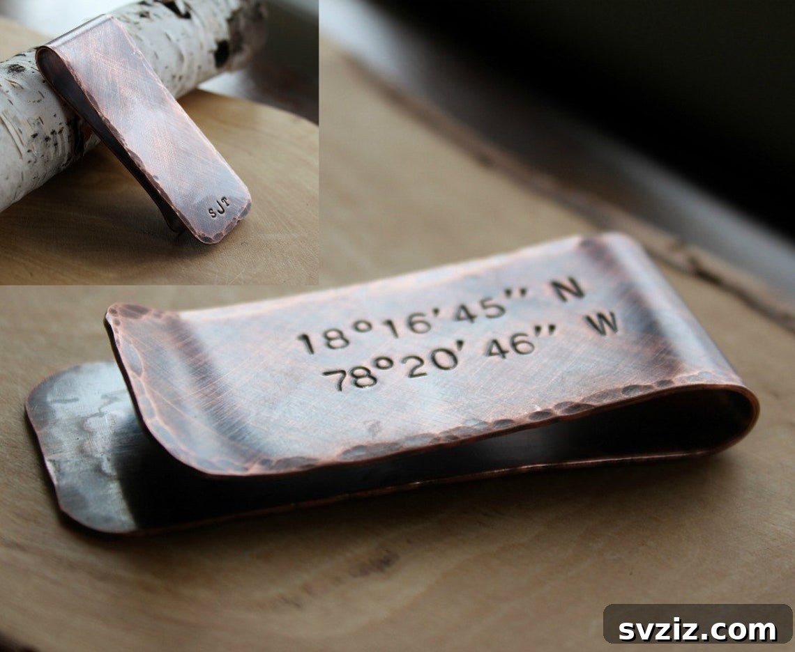 41 Creative Anniversary Ideas He'll Love 25 Monogrammed leather and copper money clip, rustic personalized gift for him, unique anniversary accessory