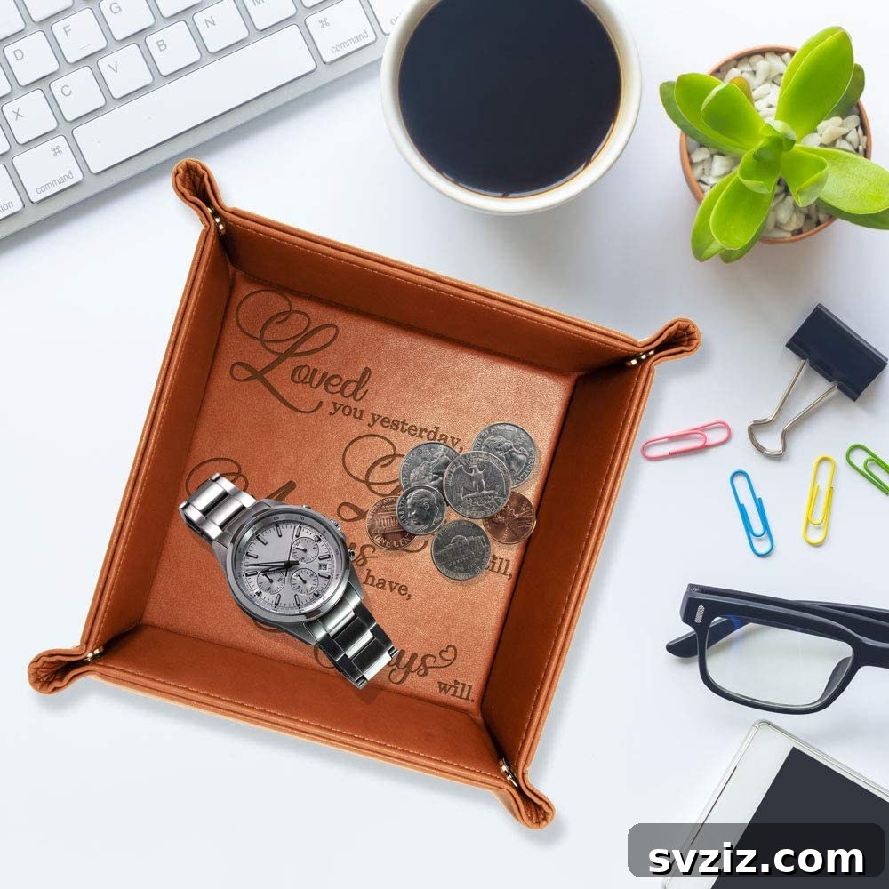 41 Creative Anniversary Ideas He'll Love 28 Engraved leather valet tray, practical desk organizer for men, personalized anniversary gift