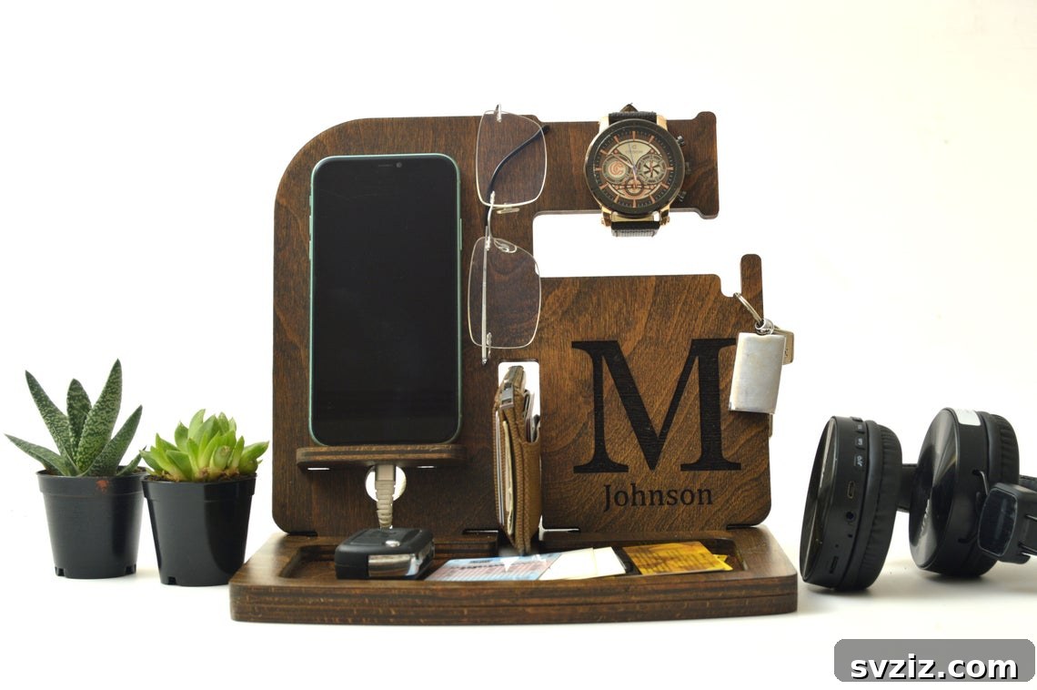 41 Creative Anniversary Ideas He'll Love 5 Customized wooden accessories holder, desk organizer for men, personalized gift for husband