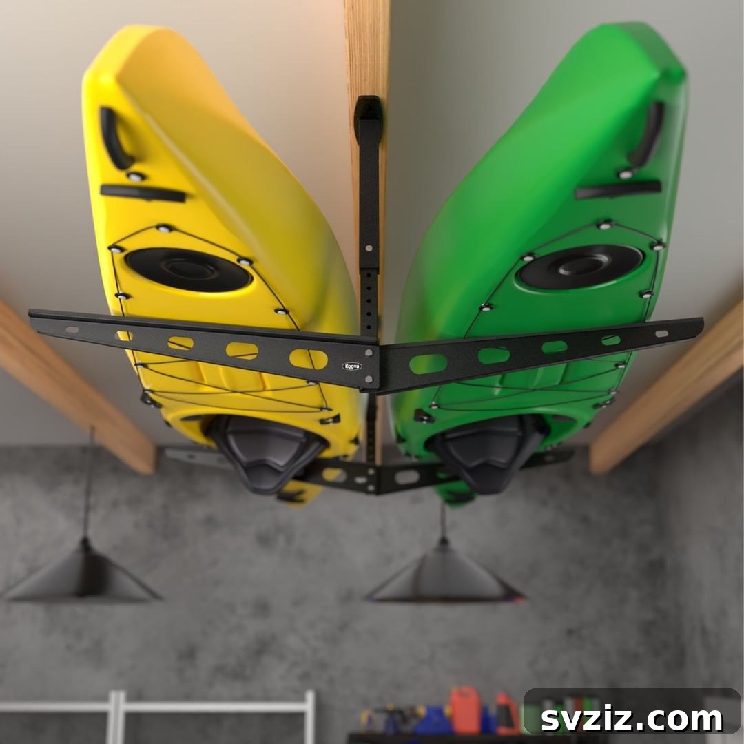 21 Genius Garage Ceiling Storage Ideas for Ultimate Space Saving 17 Soft-mount kayak storage on garage ceiling