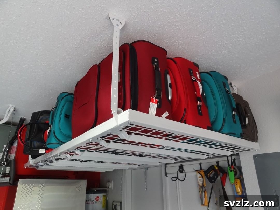 21 Genius Garage Ceiling Storage Ideas for Ultimate Space Saving 21 Overhead luggage storage rack in garage